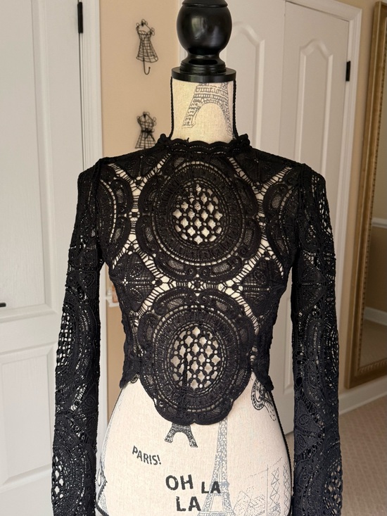 Lulus Tops - Lulus Black Crochet Lace Crop Top Long Sleeve Mock Neck Back Zip